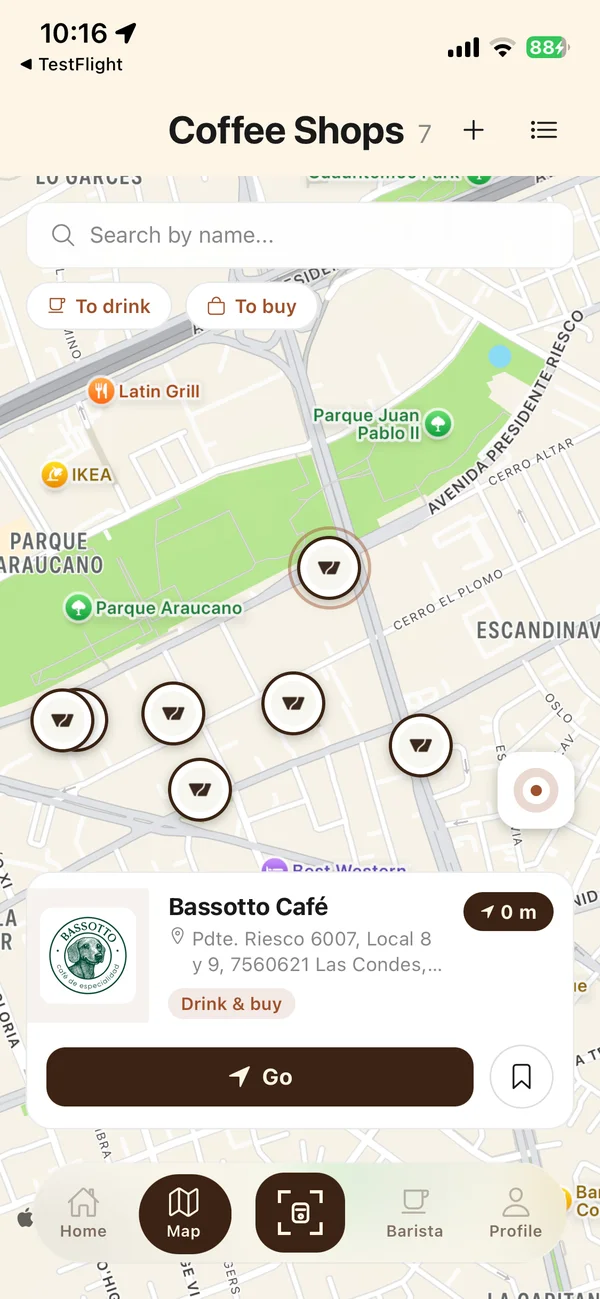 Map screen showing specialty coffee shops nearby